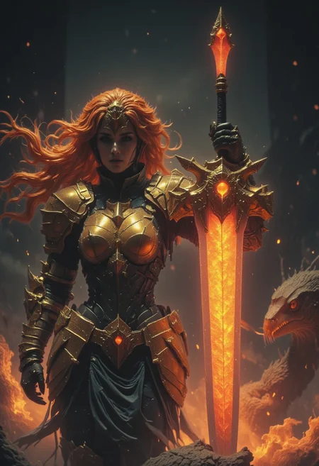 A majestic female knight stands proudly, her long hair flowing dramatically in an unseen wind. She wears a battered and faded suit of armor, its once-pristine surface now dulled by countless battles. The golden hue of her worn armor glows faintly, contrasting sharply against the dark, ominous background. She leans on an enormous translucent greatsword that dominates the scene. The sword is the focal point, glowing with radiant veins of light and energy that pulse like living arteries. It seems to contain the souls and energy of the entire universe within its crystalline structure, emanating an ethereal, otherworldly glow. The atmosphere is tense, filled with awe and reverence, as the knight and her extraordinary weapon shine brilliantly against the surrounding darkness.