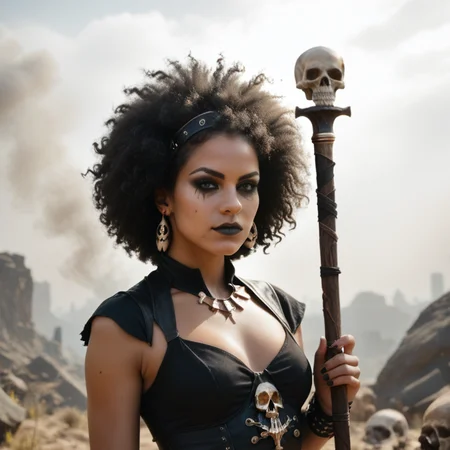 [realistic lighting],[photo],[photorealistic], [score_9, score_8_up, score_7_up, score_6_up, score_5_up, score_4_up], woman, young, 18 yo, black mage, mage staff, skulls, smoke, afro, black, makeup