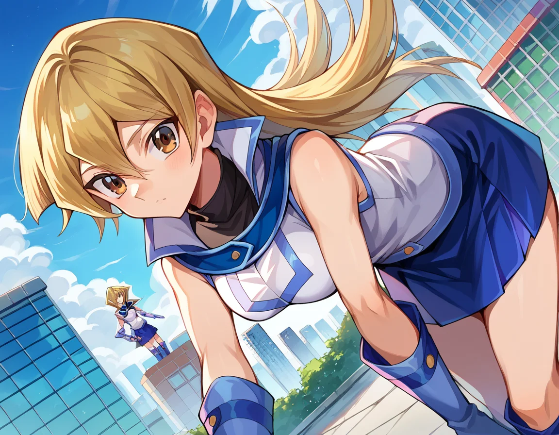 score_9, score_8_up, score_7_up, source_anime,
asukatenjouin, <lora:asuka-tenjouin-ponyxl-lora-nochekaiser:1>
asuka tenjouin, blonde hair, brown eyes, hair between eyes, long hair, straight hair, very long hair,
blue footwear, blue gloves, blue skirt, boots, duel academy uniform (yu-gi-oh! gx), elbow gloves, fingerless gloves, gloves, jacket, miniskirt, skirt, sleeveless, sleeveless jacket, sleeveless shirt, white jacket,
outdoors, cityscape, bent over,
looking at viewer, cowboy shot, dutch angle,