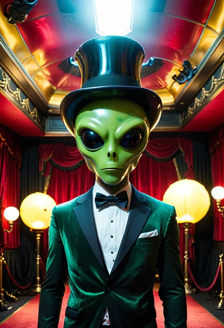shnywrld, inflatable, scifi, colorful, luminous, a green shnywrld alien, yellow spots, wide black eyes, almond shaped, wearing a top hat and tuxedo, rose in its mouth, on stage, directional lighting, red theater curtain background, masterpiece, amazing quality, best quality, very aesthetic, absurdres, detailed background, low angle. <lora:shinyworld:.8> <lora:zavy-cntrst-sdxl:.8> dark, chiaroscuro, low-key <lora:xl_more_art-full_v1:.8>
