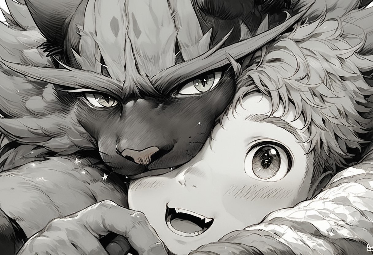 score_9, score_8_up, score_7_up, animalclose-up, gh1bl1, cute, dreamy, fantasy, (1boy and incineroar), happy, the boy with starry eye