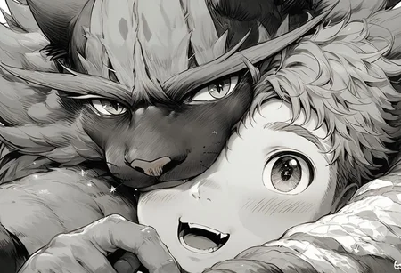 score_9, score_8_up, score_7_up, animalclose-up, gh1bl1, cute, dreamy, fantasy, (1boy and incineroar), happy, the boy with starry eye