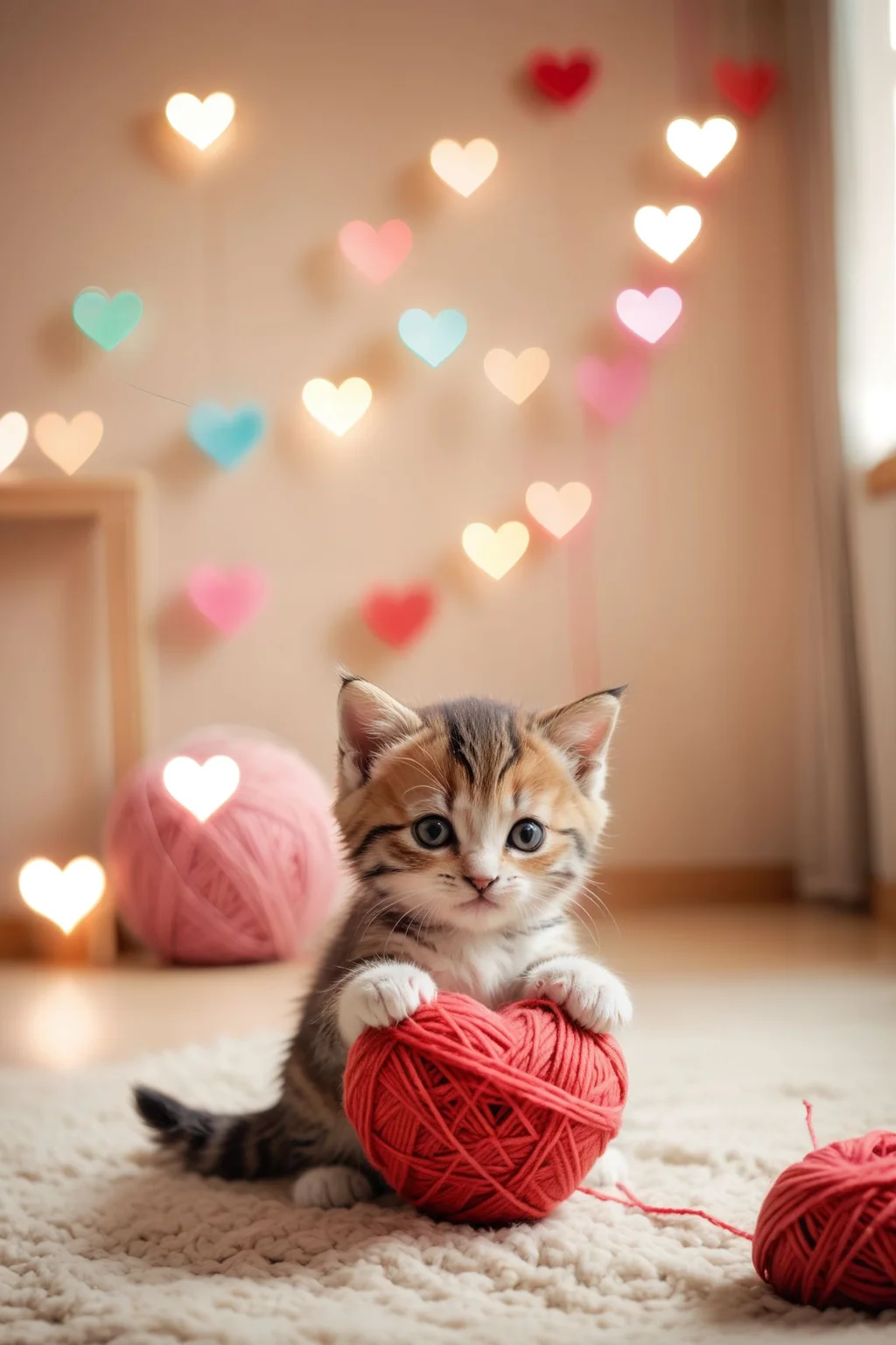 Adorable kitten, playing with a ball of yarn, blurred cozy room background, playful and cute super cute wallpaper, anime, comic,
<lora:aidmaBokehmachine-V0.1:0.725> , bokehmachine, blurry background, heart bokeh