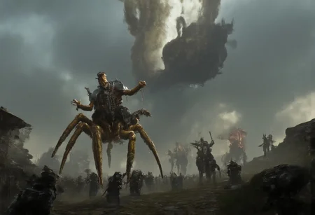 Score_9_up, absurdres, source: GamesWorkshop, grimdark, gothic horror, Warhammer 40000, a Tyranid Swarm of a Carnifex and alpha warriors rampaging, lifelike, hyperrealism, perfect hands, perfect anatomy, project unreal engine