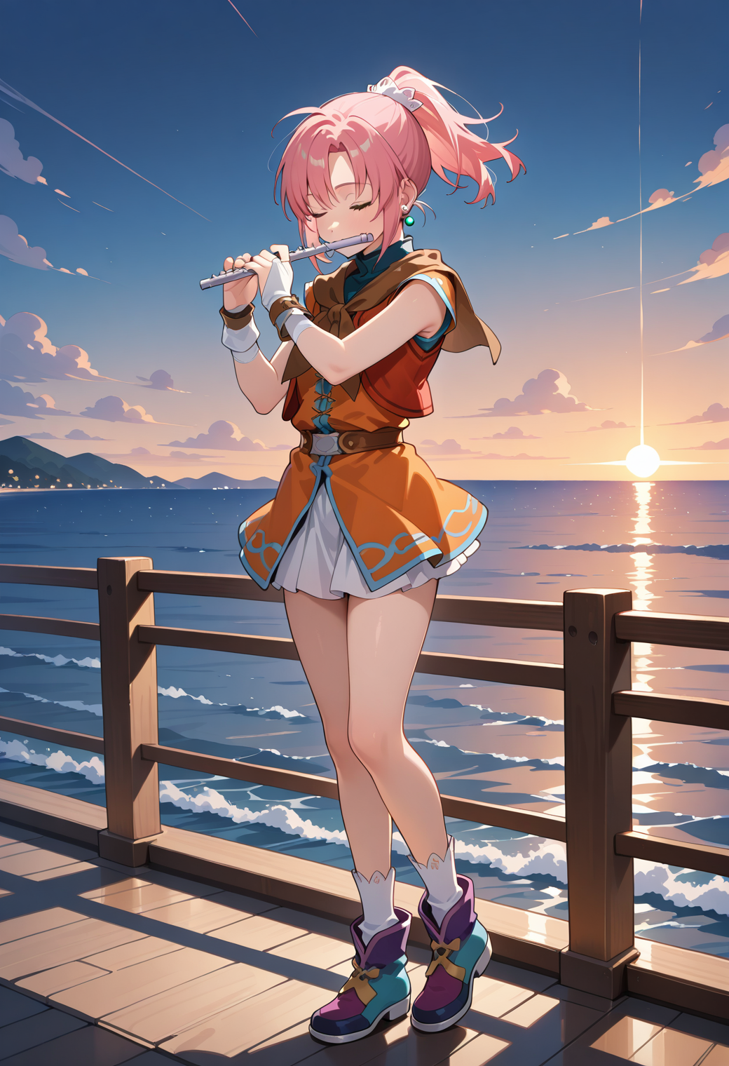 masterpiece, best quality, very aesthetic, absurdres, 1girl, solo,
<lora:loh5_una_v01:0.9>, loh5_una, pink hair, short hair, ponytail, green eyes,
hair ornament, earrings, brown neckerchief, red vest, blue shirt, orange short dress, bridal gauntlets, belt, white miniskirt, white socks, multicolored footwear, blue footwear, (purple footwear:0.9), holding flute, arms up, playing flute, closed eyes, sunset, sea, wide shot,