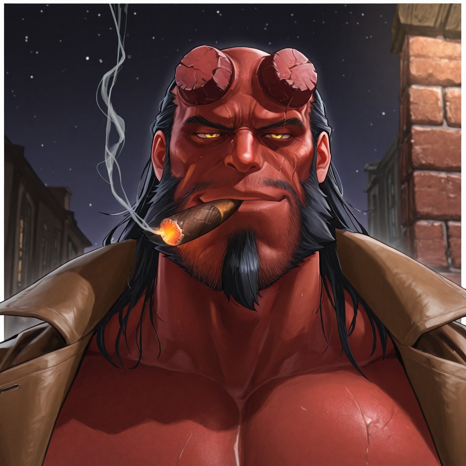 masterpiece, best quality, newest, absurdres, highres, Diz_D00dz, white borders around characters, soft light, BREAK bara, muscular, 1man, male focus, male, male focus, red skin, broken horns, yellow eyes, dark hair, facial hair, strong jaw, mature male, mutton chops, goatee, shoulder length hair, receding hairline, sideburns, thin eyebrows, low-set eyebrows, square chin, {{beefy}}, {{muscular}}, {{large}}, close up to face, night, brick wall, smirk, smoking a cigar, a cigar in his mouth, open coat