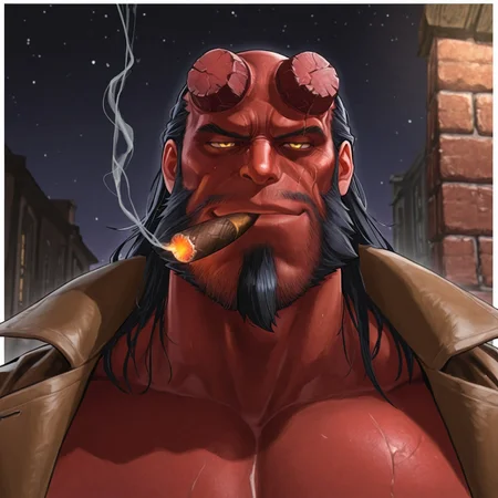 masterpiece, best quality, newest, absurdres, highres, Diz_D00dz, white borders around characters, soft light, BREAK bara, muscular, 1man, male focus, male, male focus, red skin, broken horns, yellow eyes, dark hair, facial hair, strong jaw, mature male, mutton chops, goatee, shoulder length hair, receding hairline, sideburns, thin eyebrows, low-set eyebrows, square chin, {{beefy}}, {{muscular}}, {{large}}, close up to face, night, brick wall, smirk, smoking a cigar, a cigar in his mouth, open coat