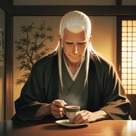 masterpiece, best quality, amazing quality, absurdres, newest, detailed background, definition so sharp, Ultra-HD, 8K cinematic, very awa, impressionate, amazing quality, highres,
solo, male focus, manly,
daikakukokujouji, lieutenant_white hair, lieutenant_brown eyes, 1boy, solo, old man, seated, gentle smile, long hair, traditional Japanese attire, kimono, tea cup, warm lighting, shoji screen, cozy atmosphere, storytelling, relaxed, wise, serene, contented, elegant