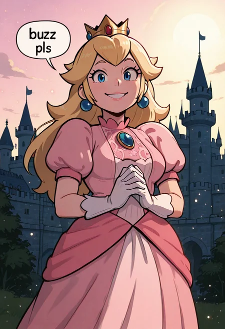 Smooth_Quality, yamathegod, 1girl, solo, princess peach, blonde hair, blue eyes, long hair, mature female, medium breasts, crown, dress, gem, gloves, pink dress, puffy short sleeves, puffy sleeves, short sleeves, white gloves, hands together, dynamic pose, looking at viewer, smiling, buzz pls, speech bubble, english text, talking, outdoors, castle, detailed background, highly detailed, highres, high quality, best quality, amazing quality, illustration, perfect composition, absurdres, 16k, 4k, intricate details, score_9, sfw
