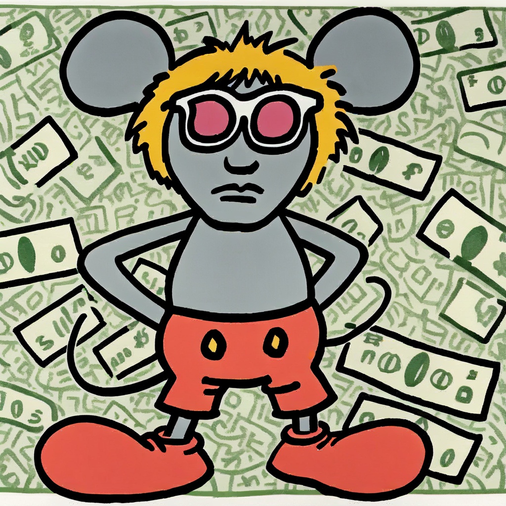 keithharingxl, a cartoon mouse with a lot of money in his hands <lora:KeithHaringXL_v1:1>
