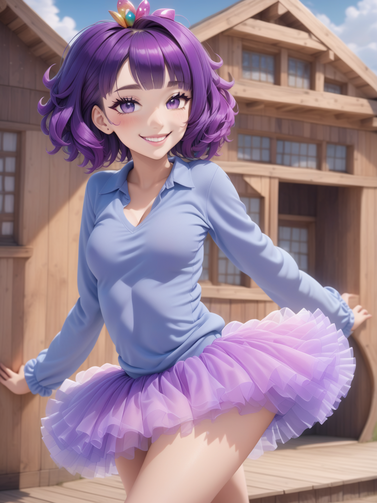 anime artwork beautiful woman wearing a periwinkle (tutu skirt), <lora:tutu_skirt-XL-1.0:1>,
coy smile, looking at viewer,
(purple hair Loose Waves),
trench coat,
dutch angle,
(wooden cabin exterior),
dancing or striking a dance pose, . anime style, key visual, vibrant, studio anime,  highly detailed