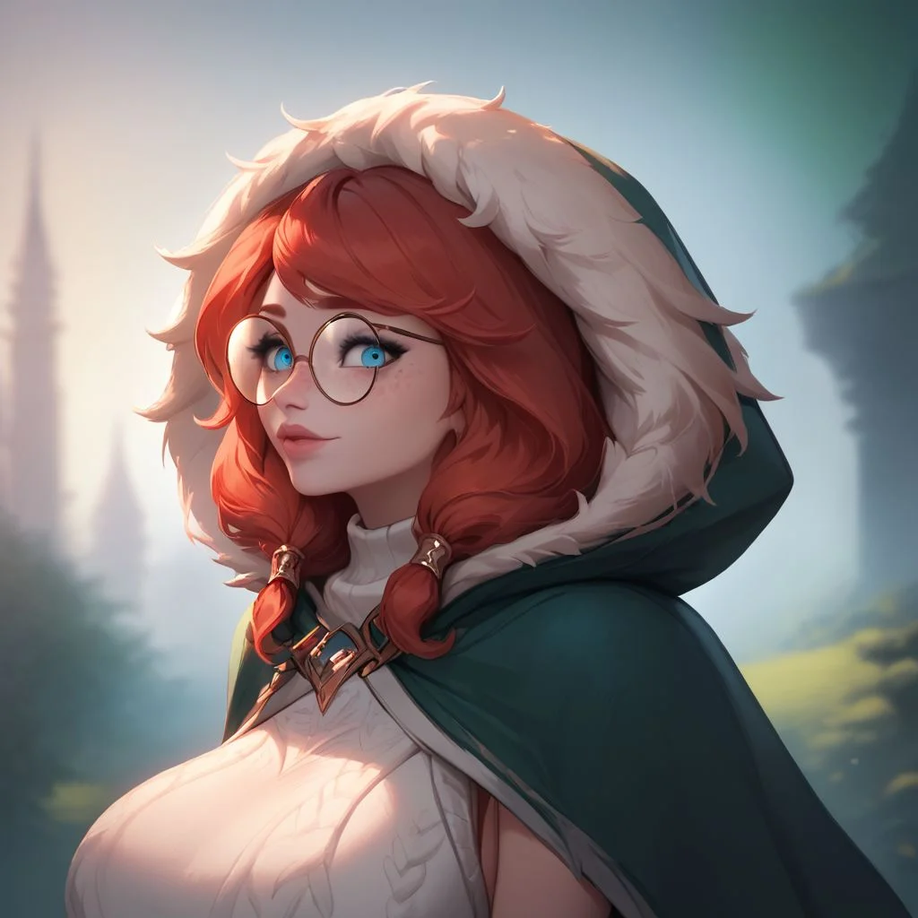 (((beautiful, hyper realistic, high quality))), upper Body, score_9, score_8_up, score_7_up, realistic,
Aurora lol, 1girl, red hair, round glasses, freckles, jewelry, rabbit ears, blue eyes, white sweater, green cape with fur
looking at the viewer, posing,
fantasy background, blurred background,