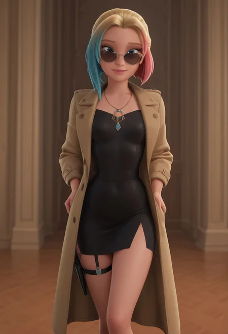disney animation,
Blue curl 
masterpiece, best quality, hyper-realistic, ultra-HD, luminous lighting, cinematic ambiance, shimmering gradients, ethereal glow, deep contrast, rich color tones, seductive atmosphere, captivating sensuality, Cinematic Lighting,
 Zoe, blue curl, blue eyes, light blonde hair, multicolored hair, red curl, blue curl, cute,
<lora:Disney_Animation_v5-V7:1>
1960s spy outfit, sleek black dress, trench coat, small pistol in garter, vintage sunglasses, secret agent stance, high-class cocktail party background, mysterious expression, nsfw