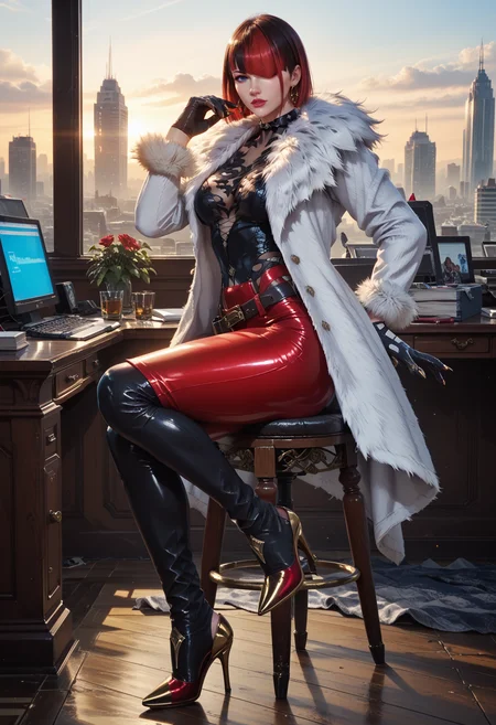 (score_9, score_8_up), score_7_up, <lora:PonyAnn4W:1> Ann4W, 1girl, fur coat, pants, belt, gloves, sitting on a chair in the office, full body, legs crossed, high heels, looking at viewer, side view, curvy, white dove on the table, perfect curves, round butt, (gorgeous woman, intense, wide hips, skyscraper skyline outside the window, shiny skin, pose, modern,