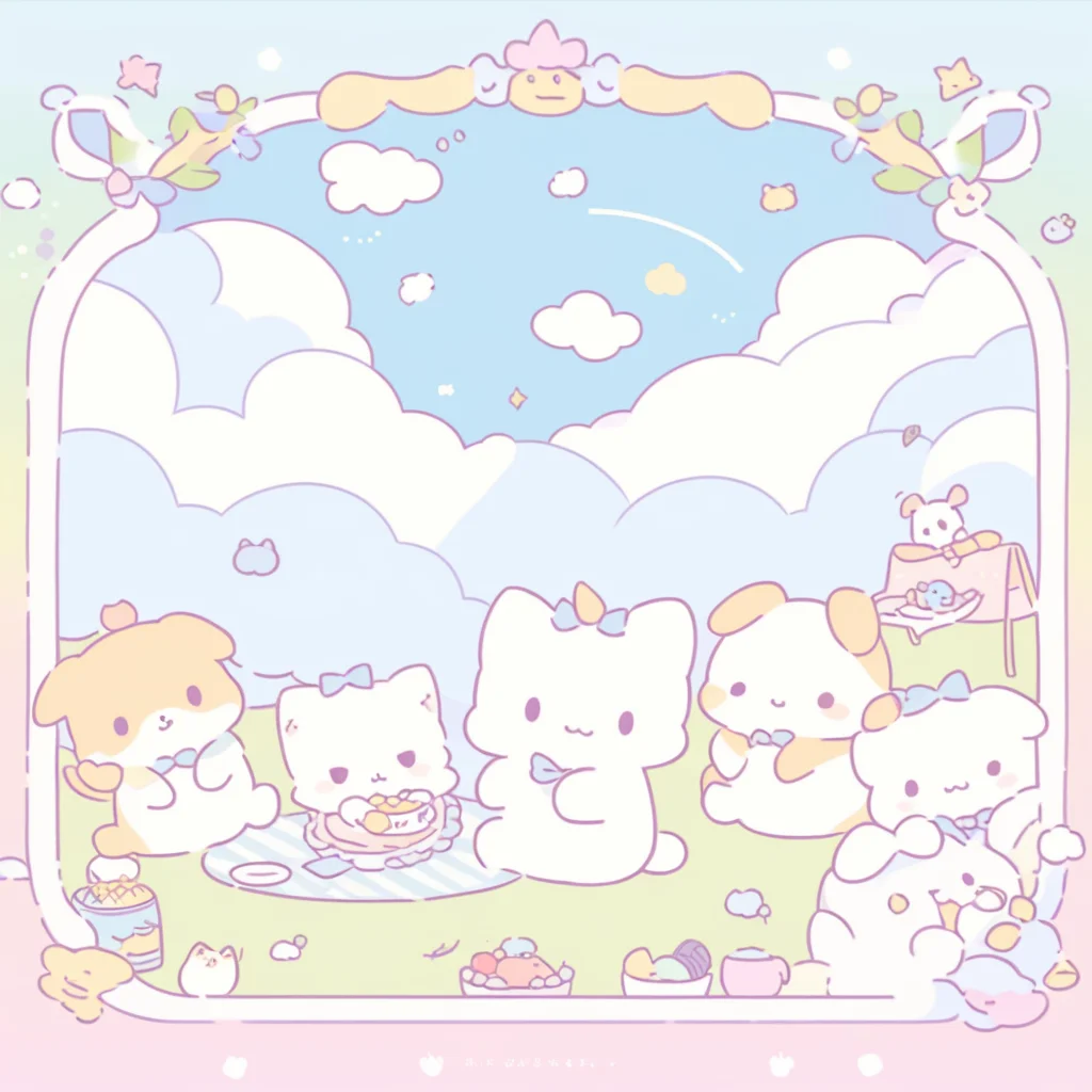 Craft a charming cartoon illustration of kittens and puppies picnicking on a cloud, reminiscent of the uploaded image's style. The artwork should be characterized by minimalistic and rounded line art, pastel colors, and a playful, innocent mood. The animals should have exaggerated, endearing features, and the picnic items should be stylized yet recognizable. The cloud should appear as a fluffy base, adding to the fantasy-like and joyful scene set against a serene sky, <lora:sanrio:0.75>