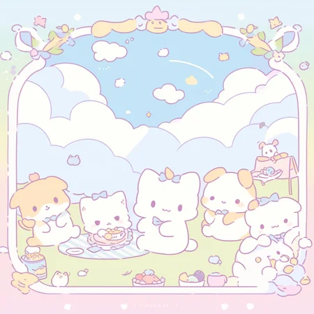 Craft a charming cartoon illustration of kittens and puppies picnicking on a cloud, reminiscent of the uploaded image's style. The artwork should be characterized by minimalistic and rounded line art, pastel colors, and a playful, innocent mood. The animals should have exaggerated, endearing features, and the picnic items should be stylized yet recognizable. The cloud should appear as a fluffy base, adding to the fantasy-like and joyful scene set against a serene sky, <lora:sanrio:0.75>