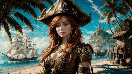 (young redhead pirate woman), ((oil paint) portrait), (parrot:1.2), sharp focus, (ultradetailed), (standing), (happy) smile, pirate (ship galleon:1.2, hoop earrings, gold medallion, Sandstone pirate clothes, pirate hat, hips, pirate (village), leafy beach coast, (treasure chest with coins, gems and jewels:1.2), (rum barrel), best quality masterpiece, bright sunny sky, backlight, natural lights, high contrast, hdr, shadows, pretty, beautiful, feminine, sexy, adorable, lovely, in love, (PirateDiffusionprt:0.5), <lora:Pirate:0.3> PrateT <lora:PirateRealms:0.3> <lora:Detail Tweaker LoRA add_detail:0.8> <lora:depth_of_field_slider_v1:5> <lora:SDXLrender_v2.0:0.9>
