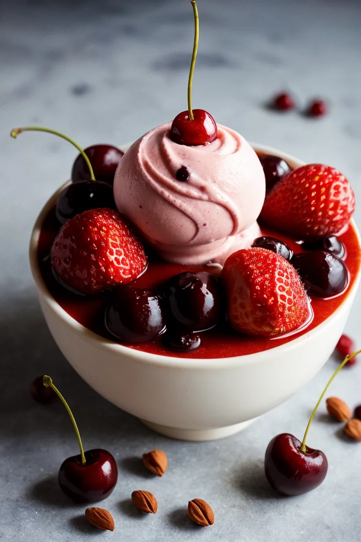 photo for an Instagram post,food photography, food explosion,a macroscopic photograph of strawberry ice cream with cherry cream, ice cubes, maraschino cherries, blueberries, lychees , hundreds and thousands, dark chocolate sauce, nuts, mint leaves, splashing dark chocolate sauce, in a gradient honey coloured background, fluid motion, dynamic movement,action shot,sweetscape, oversized fruit, caramel theme, , chiaroscuro, analog photo from album, aesthetic, cold cool pastel colors, white hatchted highlights,film grain,Lens flare, hyper realistic,fine textures,high quality textures of materials, volumetric textures, natural textures, (natural colors, correct white balance, color correction, dehaze,clarity)