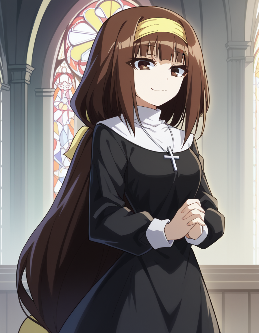score_9, score_8_up, score_7_up, source_anime, <lora:najimi-ajimu-s2-ponyxl-lora-nochekaiser:1>, najimi ajimu, long hair, brown hair, bow, ribbon, brown eyes, very long hair, low-tied long hair, hair band, hair bow, yellow hairband, medium breasts,, <lora:traditional-nun-ponyxl-lora-nochekaiser:1>, traditional nun, nun, habit, long sleeves, dress, black dress, jewelry, black veil, cross, cross necklace,, church, smug, praying,, , dutch angle, cowboy shot