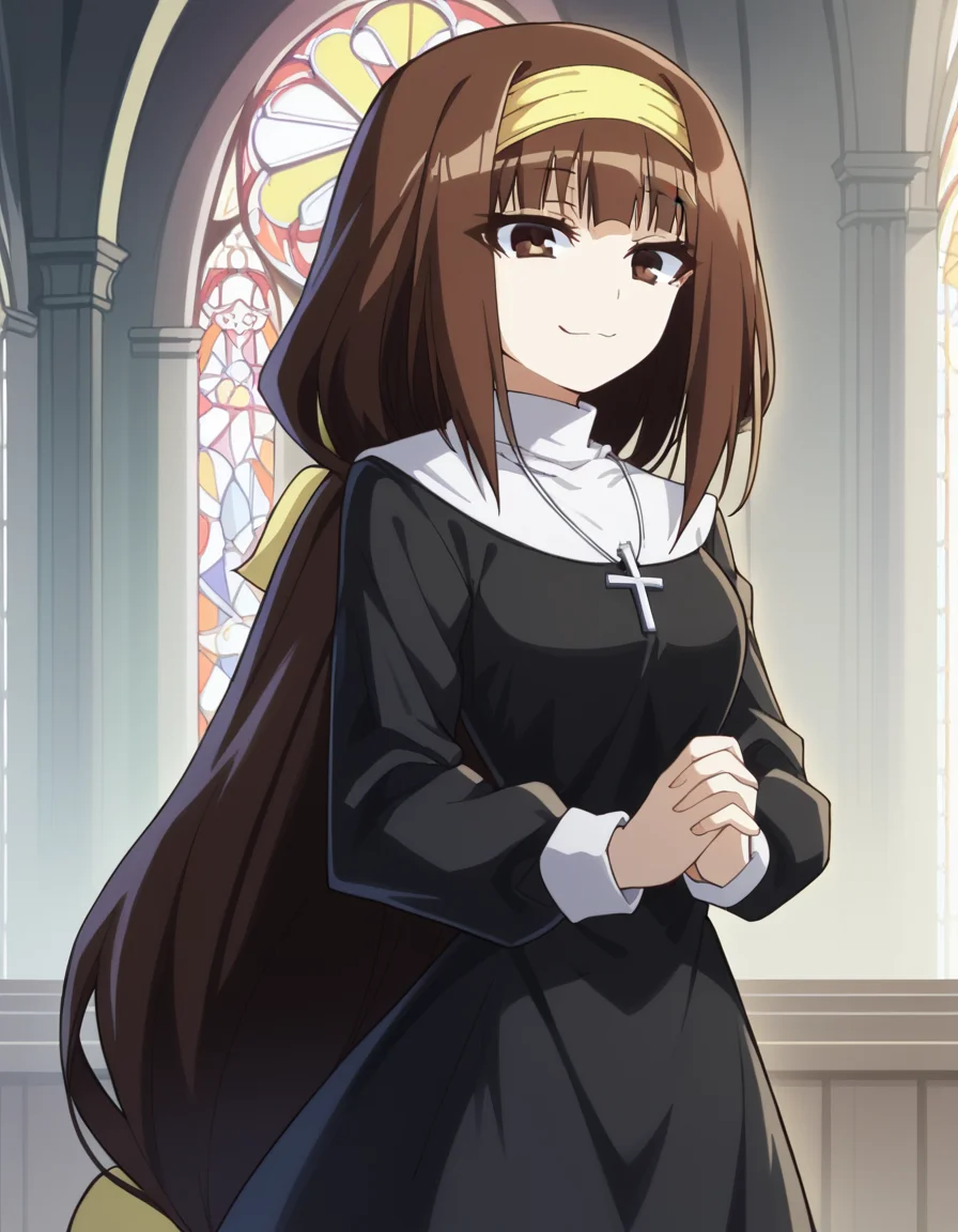 score_9, score_8_up, score_7_up, source_anime, <lora:najimi-ajimu-s2-ponyxl-lora-nochekaiser:1>, najimi ajimu, long hair, brown hair, bow, ribbon, brown eyes, very long hair, low-tied long hair, hair band, hair bow, yellow hairband, medium breasts,, <lora:traditional-nun-ponyxl-lora-nochekaiser:1>, traditional nun, nun, habit, long sleeves, dress, black dress, jewelry, black veil, cross, cross necklace,, church, smug, praying,, , dutch angle, cowboy shot