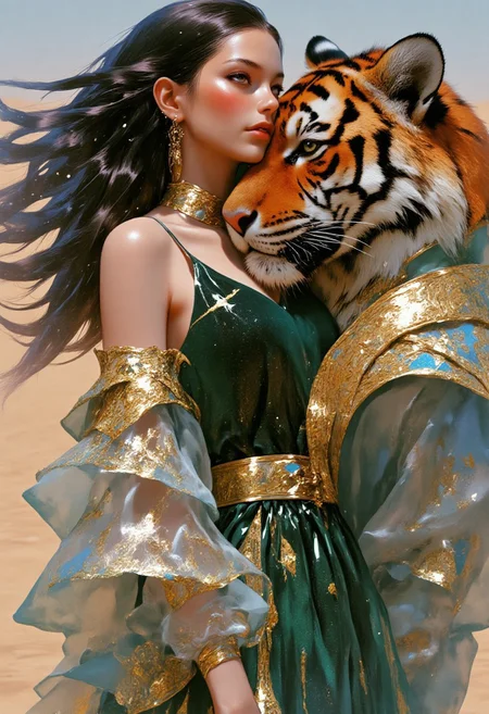 A hyper-realistic close-up portrait of a woman seamlessly blended with her legendary, ancient Bengal tiger, exuding elegance and mystique. The woman’s avant-garde medieval Persian gown, made of layered translucent fabrics in rich emerald green and deep gold, drapes with asymmetrical cuts and oversized sleeves flowing like waterfalls. Delicate hand-embroidered celestial patterns adorn the gown. Her dark, cascading hair, interwoven with luminous threads, merges with the tiger’s thick mane shimmering in amber and cream. The tiger’s intense amber eye occupies part of the frame, conveying ancient wisdom. The woman’s sharp gaze mirrors the tiger’s, creating powerful duality. The background shifts from warm golden sands to cool shadows, emphasizing surreal blending of human and beast. The style is hyper-realistic with photographic clarity and texture detail. Composition centers on merged faces to highlight connection. Lighting is soft, diffused natural light with subtle highlights. Color palette includes emerald green, gold, amber, cream, and earth tones. Mood is mystical and elegant, evoking ancient bond. Shot with 85mm lens at f2.0, shallow depth of field, high resolution. Additional elements: cinematic, breathtaking, ethereal.