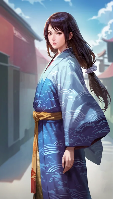 score_9,score_8_up,score_7_up,
highly detailed,highres,<lora:naotoraIi:0.8>,naotora ii,
1girl,solo,
black hair,long hair,low ponytail,white scrunchie,
brown eyes,looking at viewer,smile,kimono,layered blue and orange fabric with yellow accents,intricate patterns,yellow sash,
from side,
outdoors,sky,simple background,blurry background,