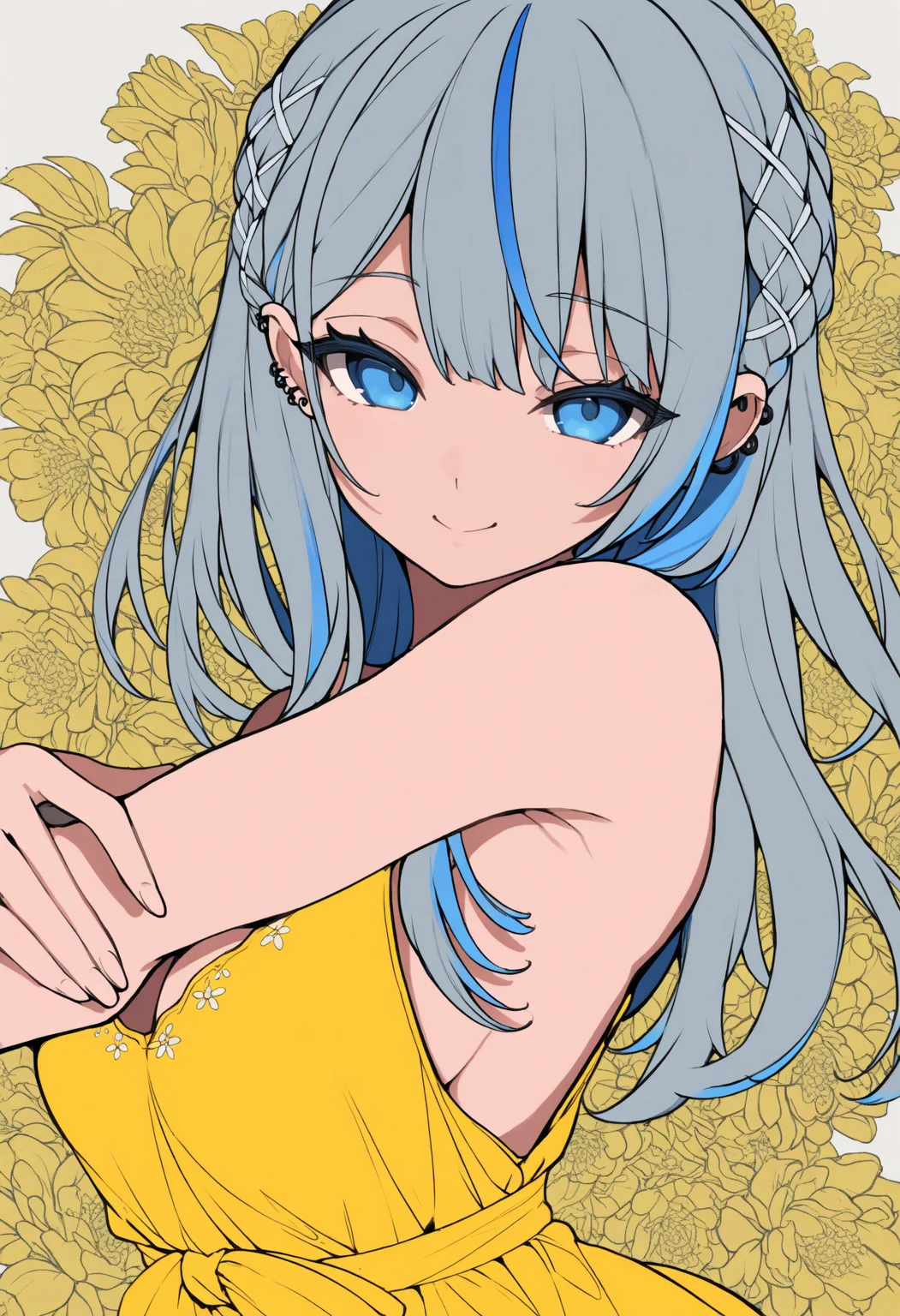 masterpiece, best quality, 1girl, solo, Am4gaiRuka, blue eyes, multicolored hair, grey hair, blue hair, long hair, braid, ribbon braid, ear piercing, lineart, smile, yellow sundress, floral background, print background, dutch angle, dynamic pose, <lora:ChamAmagaiRukaNoob:1>