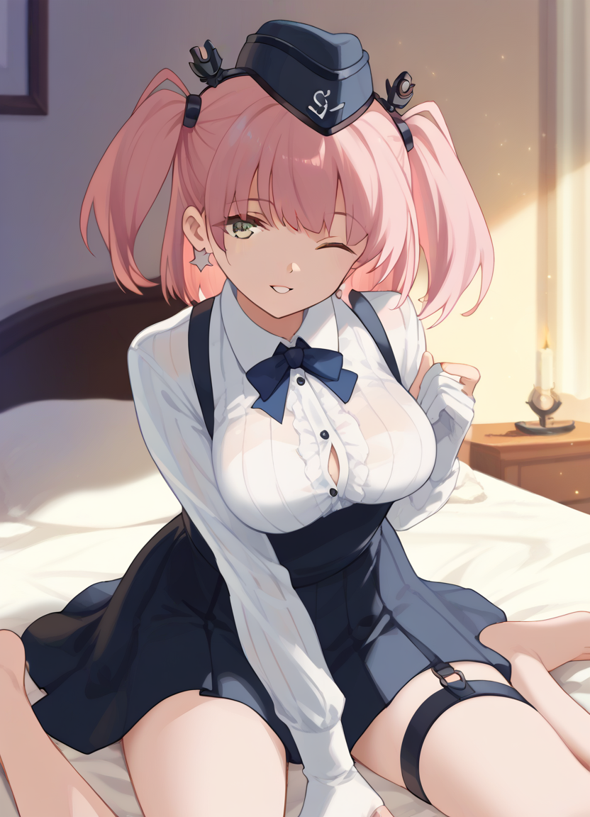 score_9, score_8_up, score_7_up, masterpiece, best quality, absurdres, official art, official style, (anime screencap, megami magazine:1.2), zPDXL2, zPDXLxxx, <lora:Shibafu_Style_Pony_v1:0.8>, 1girl, solo focus, shibafu_style, <lora:atlanta-08:0.8>, atlantaKC,pink hair, grey eyes, large breasts, long sleeves, jewelry, white shirt, white gloves, black skirt, star (symbol), two side up, dress shirt, thigh strap, garter straps, high-waist skirt, single earring, suspender skirt, partially fingerless gloves, garrison cap, star earrings, anchor hair ornament <lora:neg4all_bdsqlsz_xl_V91:1.0> <lora:ALTXL_pony_0061_8:2.0>, <lora:detailed_hands-000002:1>, hand bedroom, on bed, bed sheet, evening, sunset, dim lighting, light particles, on stomach, pov one eye closed, parted lips, smile, looking at viewer,