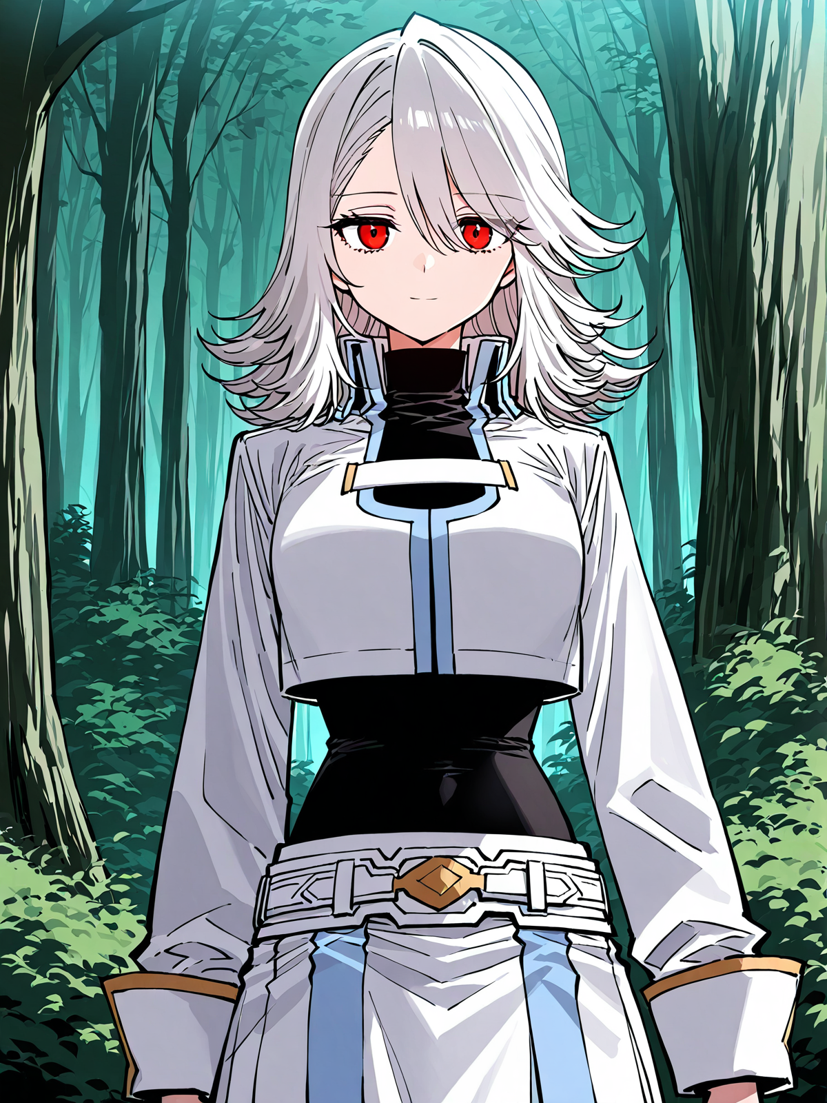 <lora:Player__Manhwa__Nagi:1>
1girl, solo, white hair, medium hair, layered hair, wavy hair, swept bangs, red eyes, expressionless, neutral face, long sleeves, high collar
white cropped jacket, short jacket, open chest design, decorative chest strap, white chest band, high collar, long sleeves, gold accents, layered clothing, black thighhighs, black tight top, black bodysuit, high collar, split skirt overlay, skin-tight underlayer garter belt, thigh strap, black boots, decorative belt, gold buckle,
score_9, score_8_up, score_7_up, very aesthetic, source_anime, detailed, high quality, beautiful, masterpiece, detailed eyes, forest, tree, ruins, cowboy shot, dynamic angle, upper body, light smile, dynamic pose
