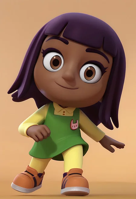score_9, score_8_up, score_7_up, BREAK RuePS, 1girl, brown skin, purple bobcut, blunt bangs, brown eyes, sleeveless green dress, long-sleeved yellow polo shirt, yellow leggings, white socks, orange shoes, white shoelaces, white outsoles, solo, solo focus, alone, closed mouth, smiling at viewer, full body, cgi, source_cgi,