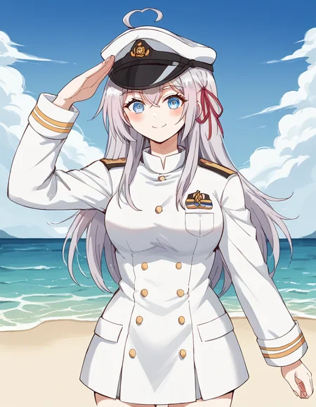 score_9, score_8_up, score_7_up, source_anime, alisamikhailovnakujou, <lora:alisa-mikhailovna-kujou-s1-ponyxl-lora-nochekaiser:1>, alisa mikhailovna kujou, long hair, bangs, blue eyes, hair ribbon, ahoge, grey hair, red ribbon, large breasts,, <lora:kancolle-admiral-cosplay-ponyxl-lora-nochekaiser:1>, kancolle admiral cosplay, admiral (kancolle) (cosplay), naval uniform, cosplay, military uniform, military, peaked cap,, beach, salute, blush, smile, cowboy shot, looking at viewer,