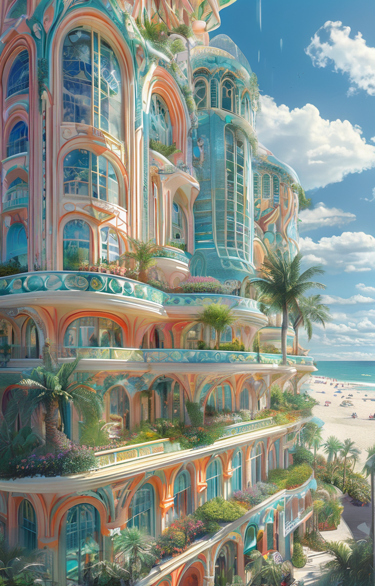masterpiece,best quality,<lora:tbh303-sdxl:0.9>,illustration,designed by Vincent Callebaut Art Deco hotel facade in Miami Beach, featuring pastel colors and streamlined forms