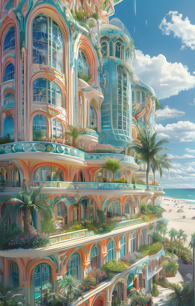 masterpiece,best quality,<lora:tbh303-sdxl:0.9>,illustration,designed by Vincent Callebaut Art Deco hotel facade in Miami Beach, featuring pastel colors and streamlined forms