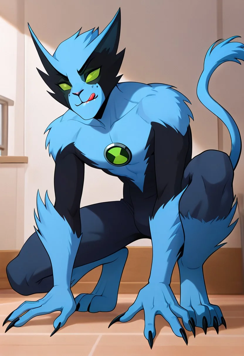 masterpiece, best quality, amazing quality, very aesthetic, absurdres, newest,, detailed background,
fastrack, solo, blue skin, green eyes, claws, green badge, fang,, feline tail, wide jaw, masculine, blue chest, digitigrade legs,
crouching, tongue out, licking lips, looking at chicken ready to pounce,