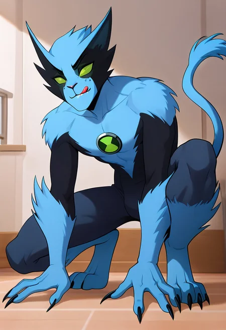 masterpiece, best quality, amazing quality, very aesthetic, absurdres, newest,, detailed background, 
fastrack, solo, blue skin, green eyes,  claws, green badge, fang,, feline tail,  wide jaw, masculine, blue chest, digitigrade legs,
crouching, tongue out, licking lips, looking at chicken ready to pounce,