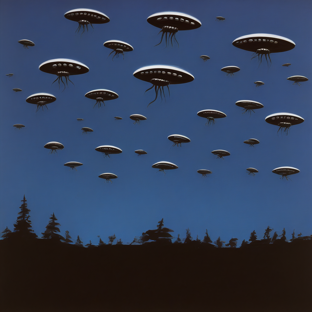 alien invasion, epic, dramatic, battle, horror, by Alex Katz, pop art