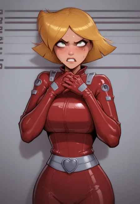Style,,
(score_9, score_8_up, score_7_up, score_6_up:1.5), (source_cartoon),
Head:
Clover totally spies, (blue eyes, blond hair), (short hair) (gold hoop earings), (mascara), (slutty face), (perfect iris details:1.4), (detailed face) (expressiveh), (High detailed eyes iris:1.2), 8k, (perfect details:1.4), haughty, angry. 
Body,,
(Clover, female:1.2), (very dark ref yellow green body skin:1.2), (sweaty skin), (bimbo), (bimbo tanned), (red totally spies suit), (fake big breasts, round chest), (athletic body),  (shiny skin), (sweaty body skin:1.4), steamy air, Slutty clover,
Action,,
(Mugshot), (slaped), (slapping face).