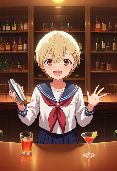 masterpiece, best quality, amazing quality, very aesthetic, absurdres, newest, illustration, perfect composition, intricate details, highres, anime coloring, uncensored, general, 1girl, solo, ayaka, tomboy, brown eyes, blonde hair, short hair, asymmetrical bangs, hair between eyes, hairclip, flat chest, school uniform, serafuku, long sleeves, pleated skirt, sailor collar, neckerchief, kneehighs, loafers, <lora:Ayaka_Anata Dake ni Onnanoko_ill:1>, cocktail glass, cocktail shaker, hands up, holding, smile, teeth, upper teeth only, open mouth, :d, looking at viewer, upper body, pov counter view, indoors, bar \(place\), bartender, bottle, cup, drinking glass, shelf, counter, shiny body, shiny skin, skindentation, clear skin, shiny hair, ultra detailed eyes, depth of field, sharp, intricate details, hyperdetailed, ultra-detailed, detailed clothing folds, high contrast, dynamic light