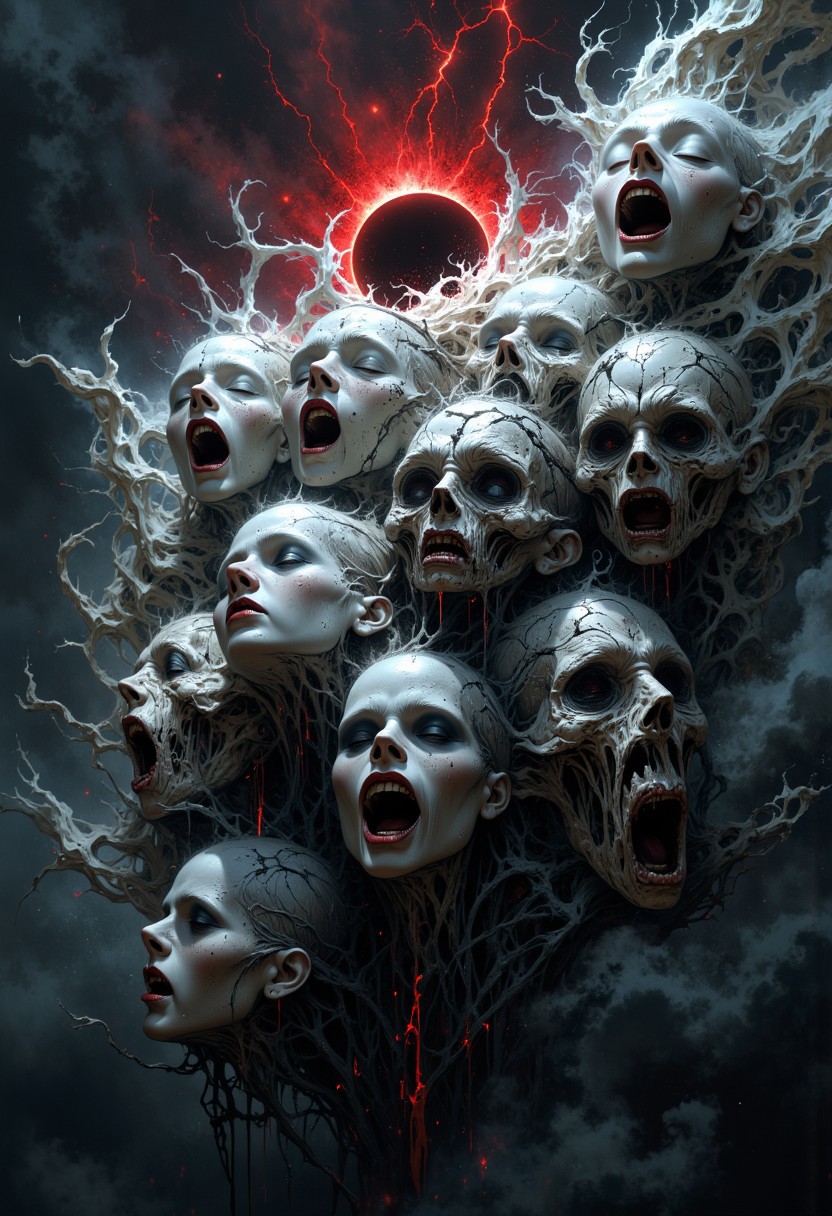 Cinematic wide shot of a swirling void, where ghostly faces emerge from thick, roiling fog. Each face is stretched and distorted, mouths frozen in silent, gaping screams, and hollow eyes lost in anguish. The faces seem to form from the mist itself, half-visible and dissolving at the edges, as if struggling to fully escape the darkness. Their surfaces are cracked and faded, shifting between pallid whites and shadowy grays, with faint veins pulsing underneath, hinting at lingering traces of life. The fog wraps around their features like sinewy threads, pulling them together into a haunting tapestry of sorrow and torment. Black, oily fluid leaks from open mouths and empty sockets, vanishing into the fog below. Above, the black sun eclipse looms ominously, its dim crimson glow piercing through the swirling mist in sporadic beams. Streaks of red lightning flicker through the air, briefly illuminating the horrific details of the contorted faces before fading back into darkness. The fog is alive, pulsating with a slow, rhythmic motion, as if breathing, and faint whispers seem to echo within it—fragmented words of fear and despair. The scene is dominated by deep shadows and muted whites, with sinister accents of blood-red and black, creating an atmosphere of profound dread and surreal horror. Inspired by psychological terror and the liminal space between life and death, the image evokes a sense of haunting beauty, as though the fog itself harbors the collective fears of lost souls.