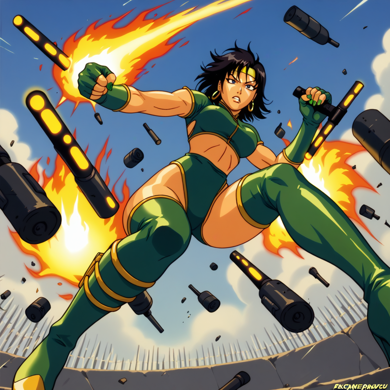 score_9,score_8_up,score_7_up,score_6_up,score_5_up,score_4_up BREAK <lora:black_orchid-v0_pdxl:0.8>,black orchid,1girl,short hair,black hair,green nails,thighhighs,gloves,high heels,thigh boots,green footwear,fingerless gloves,crop top,headband,green leotard,earrings,jewlery,1990s (style),Asian,tonfa,weapon,cover page,action pose,fire,explosions,from below,
