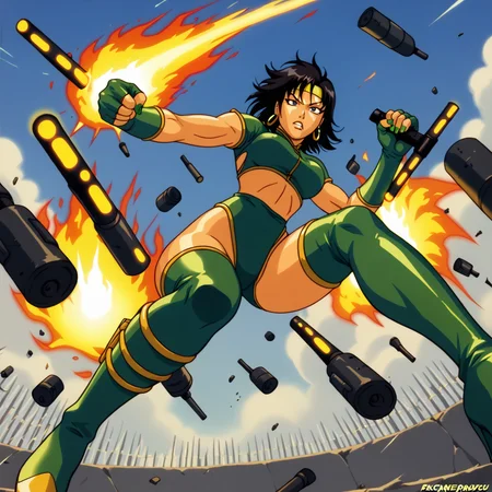 score_9,score_8_up,score_7_up,score_6_up,score_5_up,score_4_up BREAK <lora:black_orchid-v0_pdxl:0.8>,black orchid,1girl,short hair,black hair,green nails,thighhighs,gloves,high heels,thigh boots,green footwear,fingerless gloves,crop top,headband,green leotard,earrings,jewlery,1990s (style),Asian,tonfa,weapon,cover page,action pose,fire,explosions,from below,