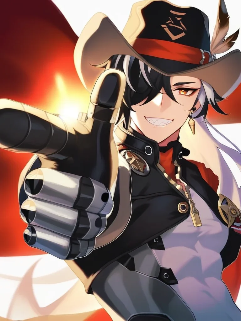 masterpiece, best quality, very aesthetic, highres, absurdres,(miurahha, bacius, ririko \(fhnngririko\):0.4),<lora:star_rail_all-000014:1>ï¼1boy, aiming, belt, black hair, black hat, black jacket, boothill (honkai: star rail), bullet earrings, cowboy, cowboy hat, cyborg, earrings, finger gun, grey armor, gun, hair over one eye, hat, hat feather, holding, holding gun, holding weapon, jacket, jewelry, long hair, looking at viewer, male focus, mechanical hands, multicolored hair, police badge, red pupils, sharp teeth, sheriff badge, smile, solo, split-color hair, teeth, two-tone hair, weapon, white background, white hair