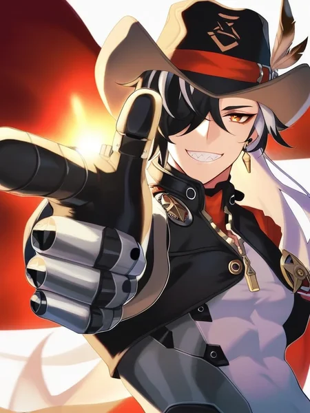 masterpiece, best quality, very aesthetic, highres, absurdres,(miurahha, bacius, ririko \(fhnngririko\):0.4),<lora:star_rail_all-000014:1>ï¼1boy, aiming, belt, black hair, black hat, black jacket, boothill (honkai: star rail), bullet earrings, cowboy, cowboy hat, cyborg, earrings, finger gun, grey armor, gun, hair over one eye, hat, hat feather, holding, holding gun, holding weapon, jacket, jewelry, long hair, looking at viewer, male focus, mechanical hands, multicolored hair, police badge, red pupils, sharp teeth, sheriff badge, smile, solo, split-color hair, teeth, two-tone hair, weapon, white background, white hair