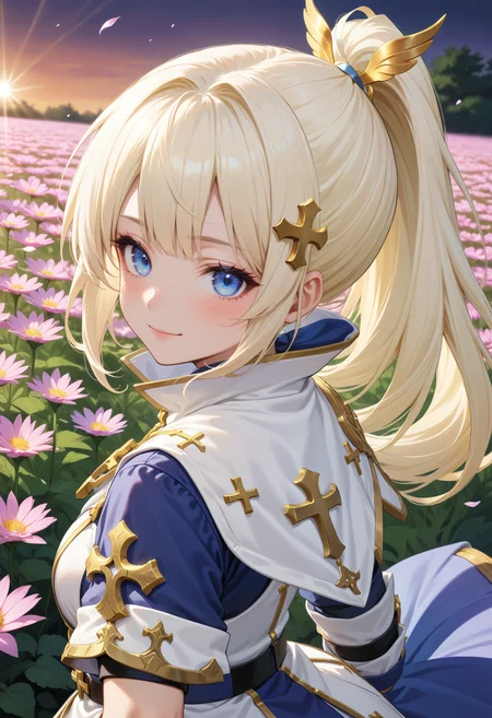 masterpiece, best quality, very aesthetic, absurdres, rom_saint_xl,
1girl, blonde hair, ponytail, hair ornament, blue eyes, light smile,
close-up, from behind, looking back, looking at viewer, blue short sleeves with gold cross, outdoors, flower field, sunrise, falling petals, light rays, tyndall effect, vivid colors, tranquil and magical atmosphere,
shiny skin, beautiful face, beautiful eyes, extreme detailed, official art, professional illustration, hires,
<lora:rom_saint_pony_xl:1>, <lora:aesthetic_anime_v1s:0.5>, <lora:add_details_xl:0.5>