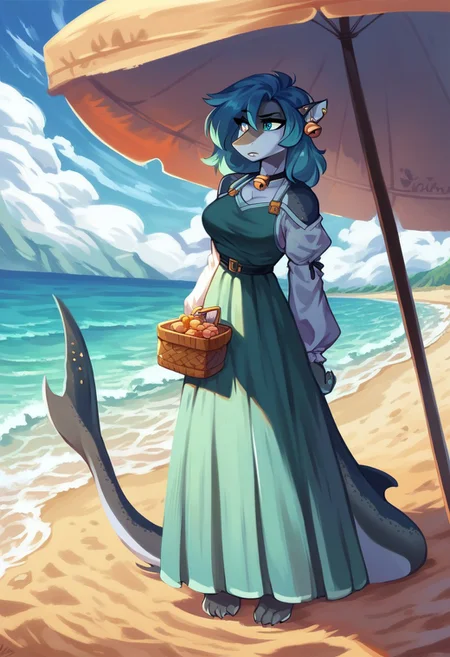 score_9, Score_8_up, score_7_up, 1girl, solo, erikaAmbris, shark, solo, dress, bell sleeves, beach, standing, looking away