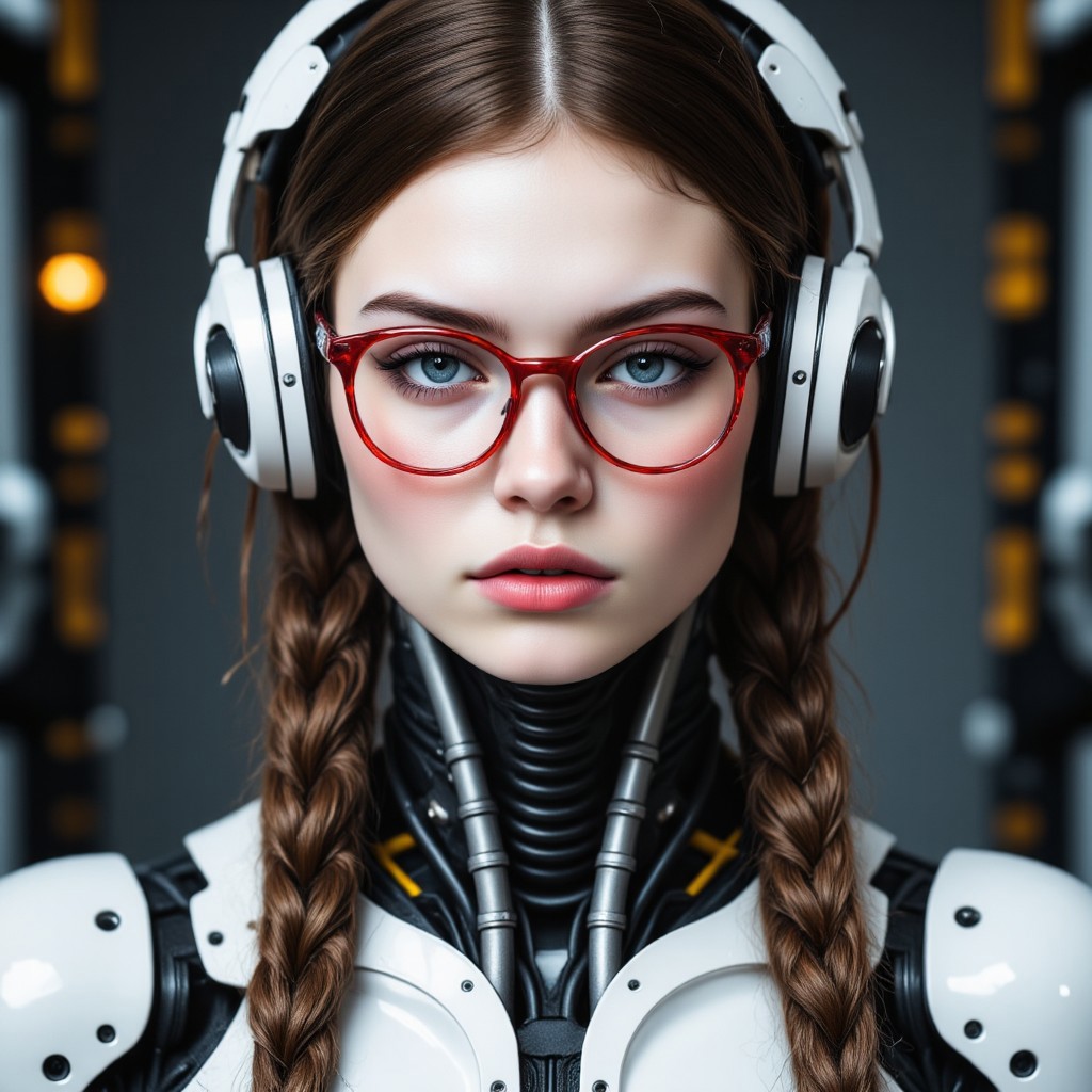 FictionalBeth, nerdy cyborg white girl in her late 20s, brown hair, twin braids, Thick red rimmed glasses, grey eyes, CyborgFusion, white ceramic surfaces, neck formed by cables and metal, ceramic face, sinfully stylish, dramatic light, futuristic metallic background