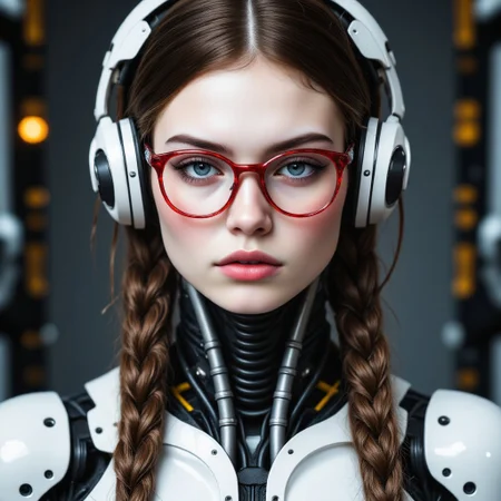 FictionalBeth, nerdy cyborg white girl in her late 20s, brown hair, twin braids, Thick red rimmed glasses, grey eyes, CyborgFusion, white ceramic surfaces, neck formed by cables and metal, ceramic face, sinfully stylish, dramatic light, futuristic metallic background