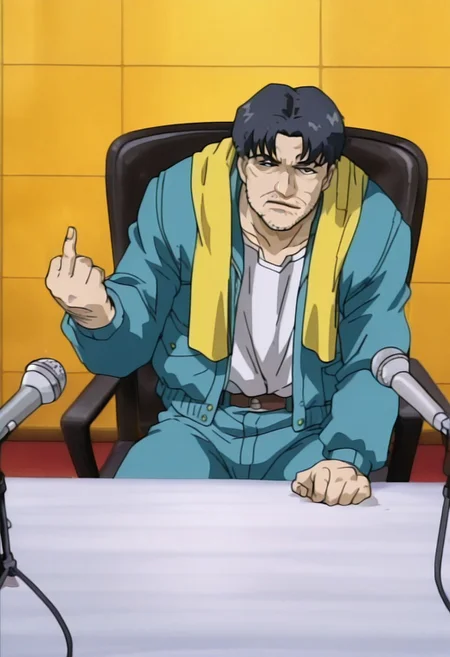 masterpiece, best quality, amazing quality, very aesthetic, absurdres, highres,
guizuo \(style\), 1man, male focus, solo, middle-aged man, black short hair, black eyes, thick lips, stubble, yellow scarf, blue jacket, open clothes, white shirt, tucked in, blue pants, brown belt,
looking at viewer, (middle finger:1.4), closed mouth, expressionless, press conference, microphone, table, microphone stand, chair, indoors, cable, checkered background, sitting,
