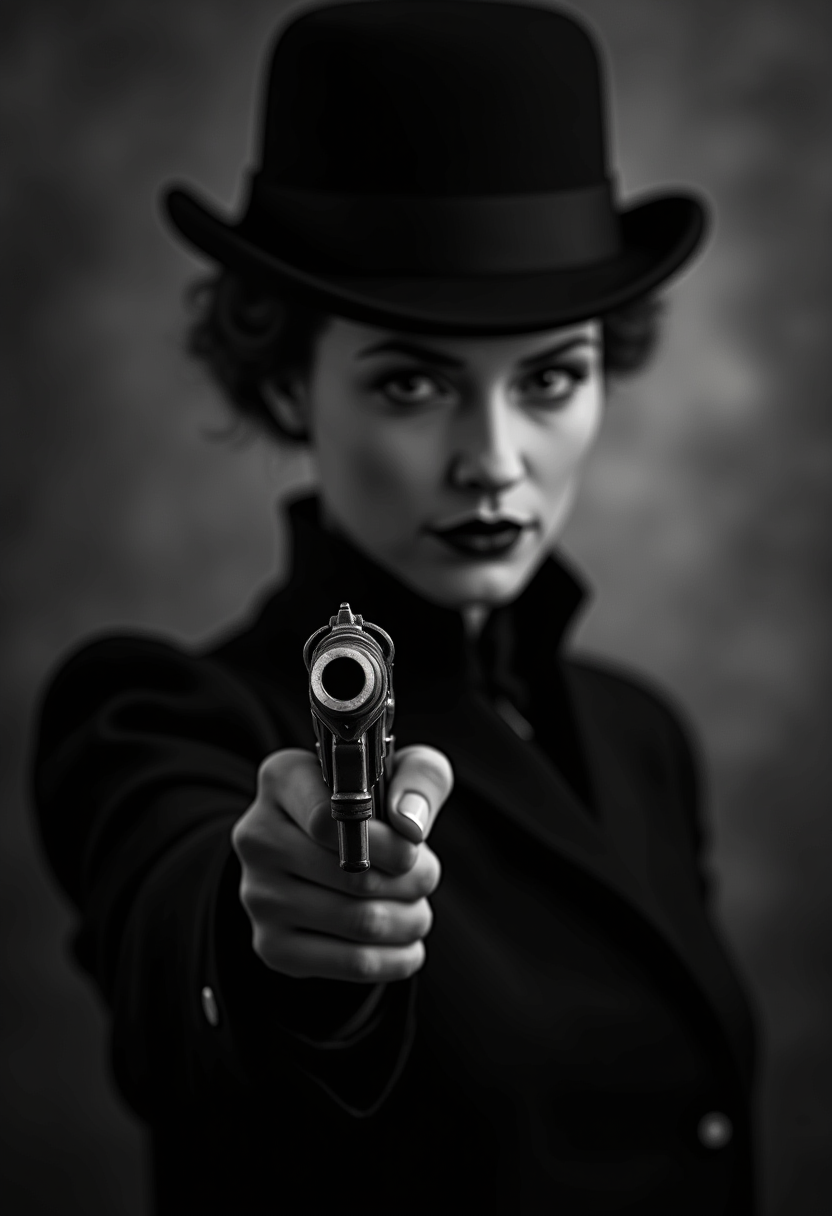 black and white, 1930s movie style, Very close up view, 3D image, a pretty woman wearing Victorian era outfit, holding a revolver, the *** is pointing up and she is preparing for danger that is coming, high colar coat, sherlock holme's hat, dark background, hazy atmosphere, bokeh, artistic