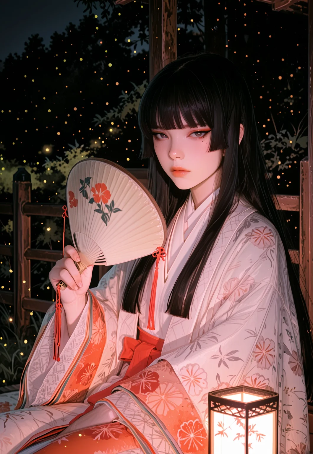 masterpiece, absurdres, best quality, incredibly absurdres, ultra-HD, cinematic lighting, high detail, depth of field, (blurred background), (dramatic lighting), dynamic pose, dark theme, 1girl, solo, black eyes, black hair, long hair, bangs, fence, looking at viewer, glossy lips, outdoors, blunt bangs, mole under eye, Asian girl, tsurime, hime cut,
scenery, depth of field, dim lighting, traditional Japanese architecture, outdoors, night, ((traditional Japanese clothes, layered kimono, long sleeves, Heian period, sitting, close-up, holding fan, fireflies))